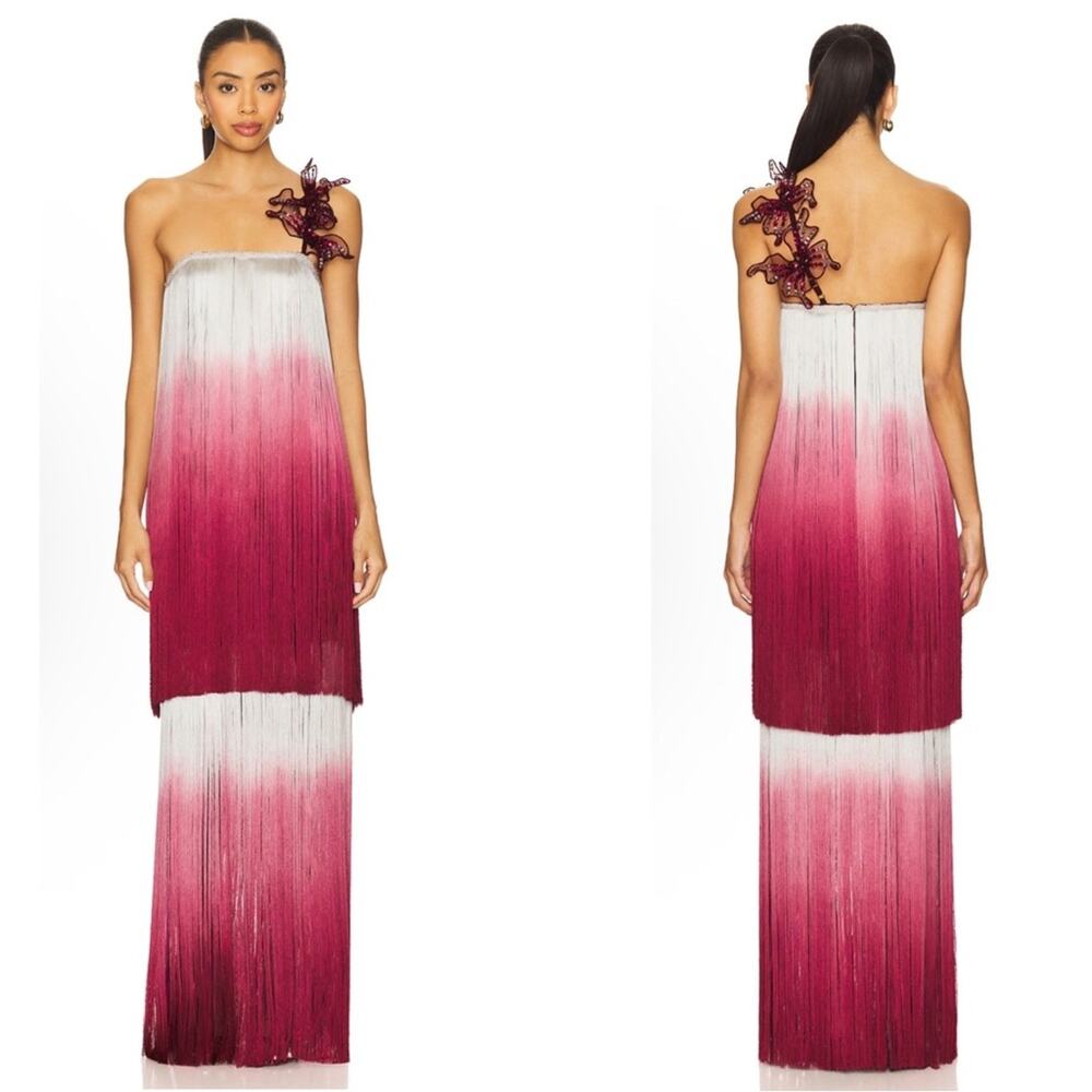 PATBO Fringe Strapless Ombre Floral Sequin Detail Dark Red Pink Maxi Dress Sz 4